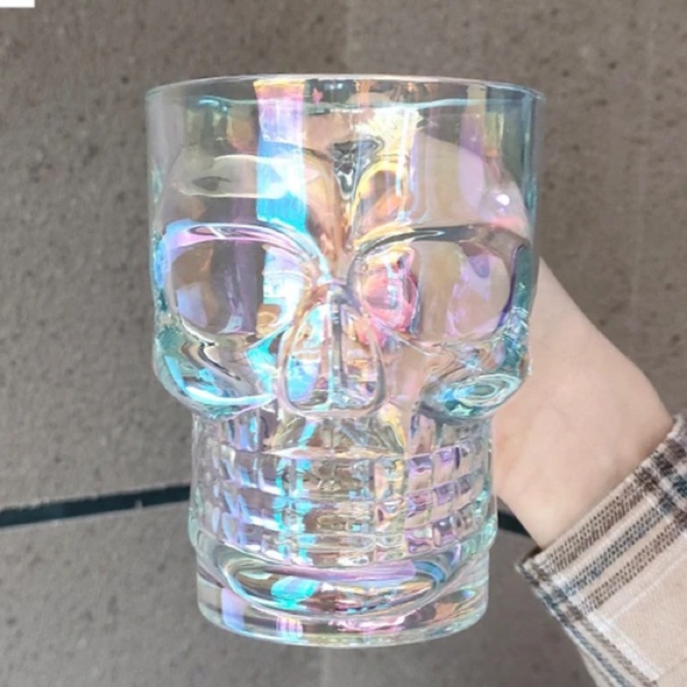 Glass Skeleton Handle Cup.Iridescent,Color,Bones Handle,Great Weight to it!